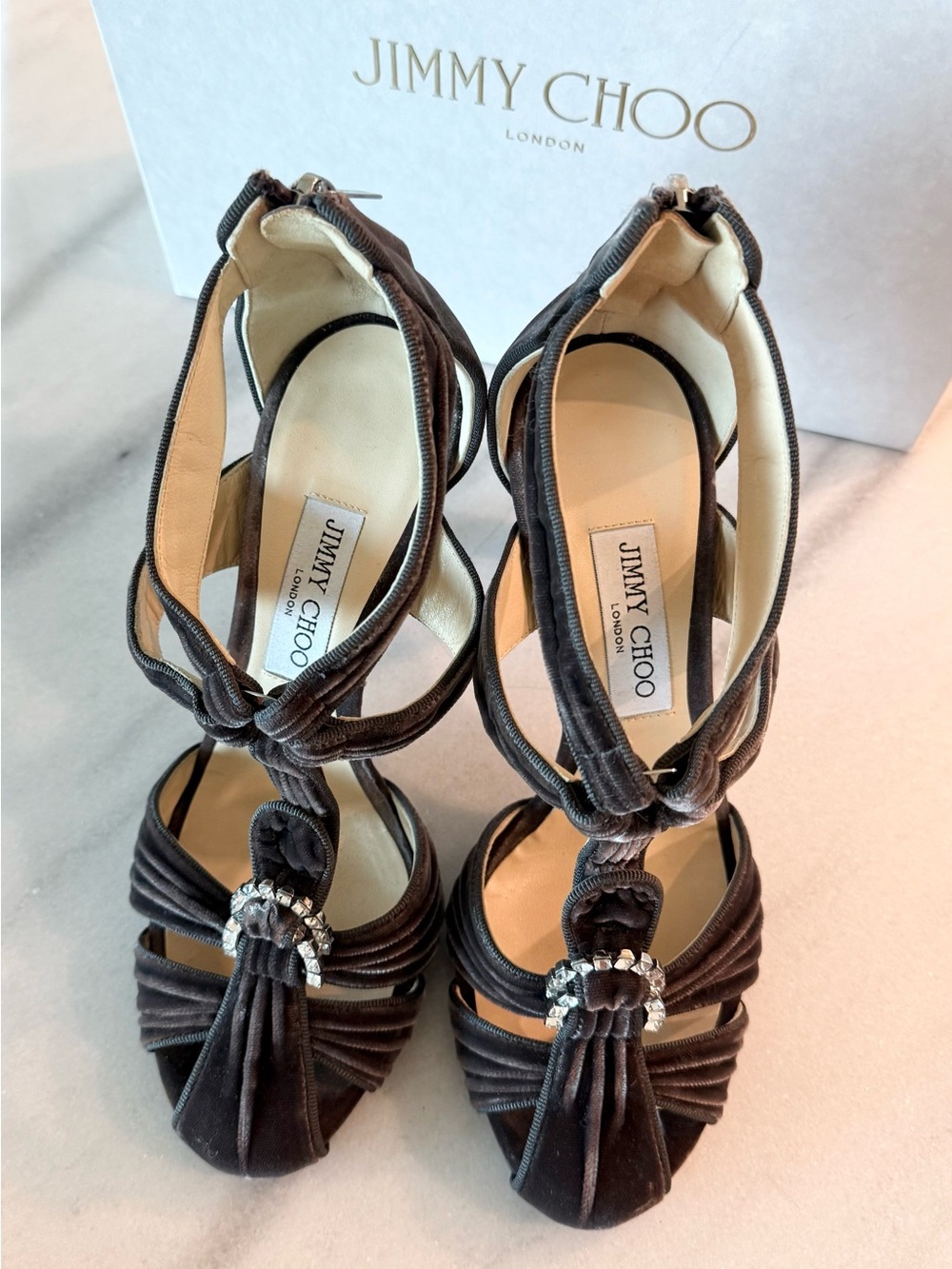 Jimmy Choo Brown Velvet Knotted Crystal-Heel Sandals